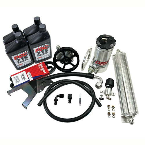 PSC pump kit with reservoir, pulley, clamp, cooler, hoses, belt, mount and fittings on a white background. 