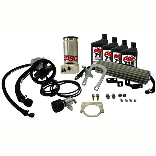 Pump kit including remote reservoir, four black PSC 715 Hydraulic Oil steering fluid bottles, cooler, hoses, mounts, pump pulley, and hardware on a white background. 