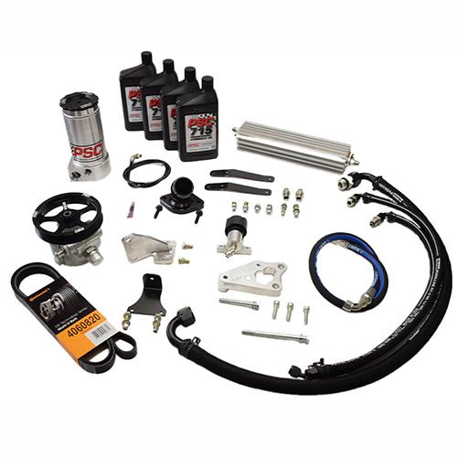PSC Pump Kit with 4 black PSC 715 bottles, a reservoir, cooler, hoses, mounts, belt, hardware and fittings on a white background. 