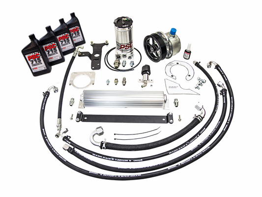 Complete hydraulic steering pump kit including hoses, fittings, reservoir, cooler, brackets, pulley, PSC hydraulic fluid bottles, and installation hardware arranged on a white background.