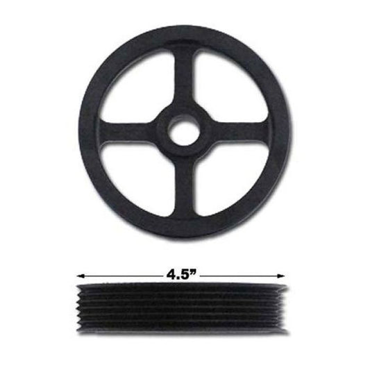 PSC pup pulley coated in black- the image shows the overhead view and the side with with the measurement of 4.5 inches for the PSC PP2401. The background is white.