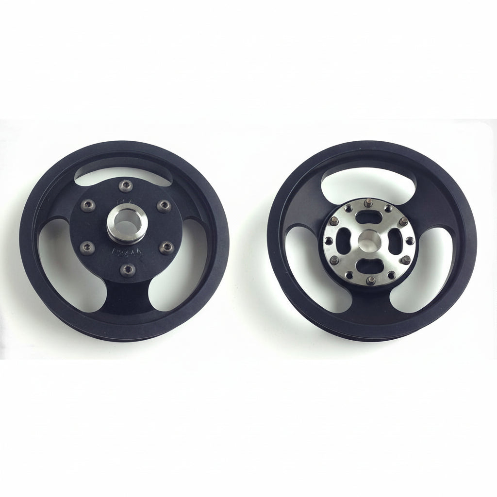 Two 6-inch underdrive pulleys on a white background with PSC branding.