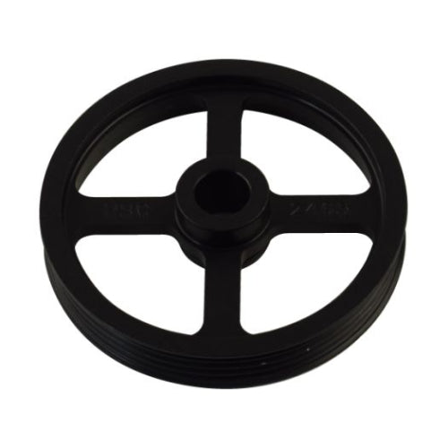 Angled view of a PP2465 4 rib serpentine pulley on a white background. 