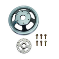 Gray PSC PP2466 DuraMax power steering pulley shown with matching spacer plate and six mounting bolts arranged beside it on a white background.