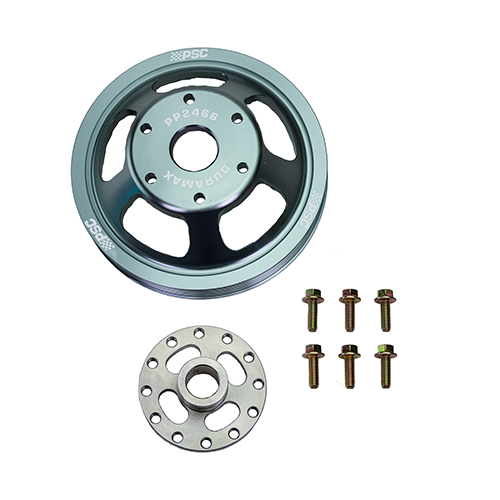 Gray PSC PP2466 DuraMax power steering pulley shown with matching spacer plate and six mounting bolts arranged beside it on a white background.