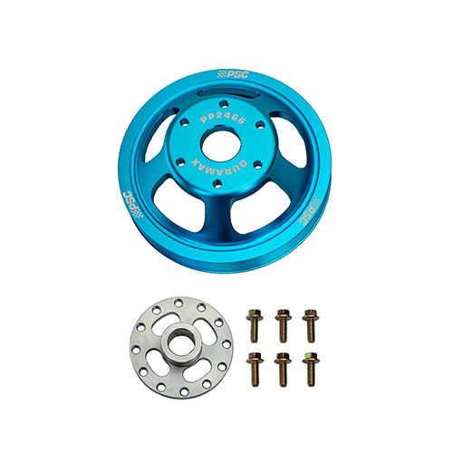 Blue PSC PP2466 DuraMax power steering pulley displayed with a slotted spacer plate and six mounting bolts on a white background.