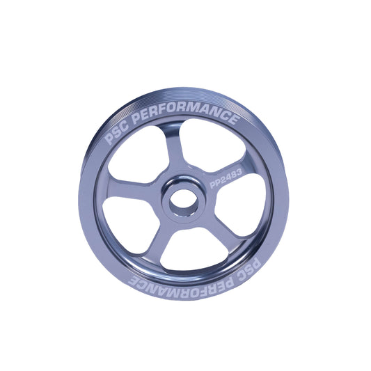 A metallic blue PSC Performance performance wheel with a five-spoke design, featuring cutouts and raised brand lettering on a solid white background.