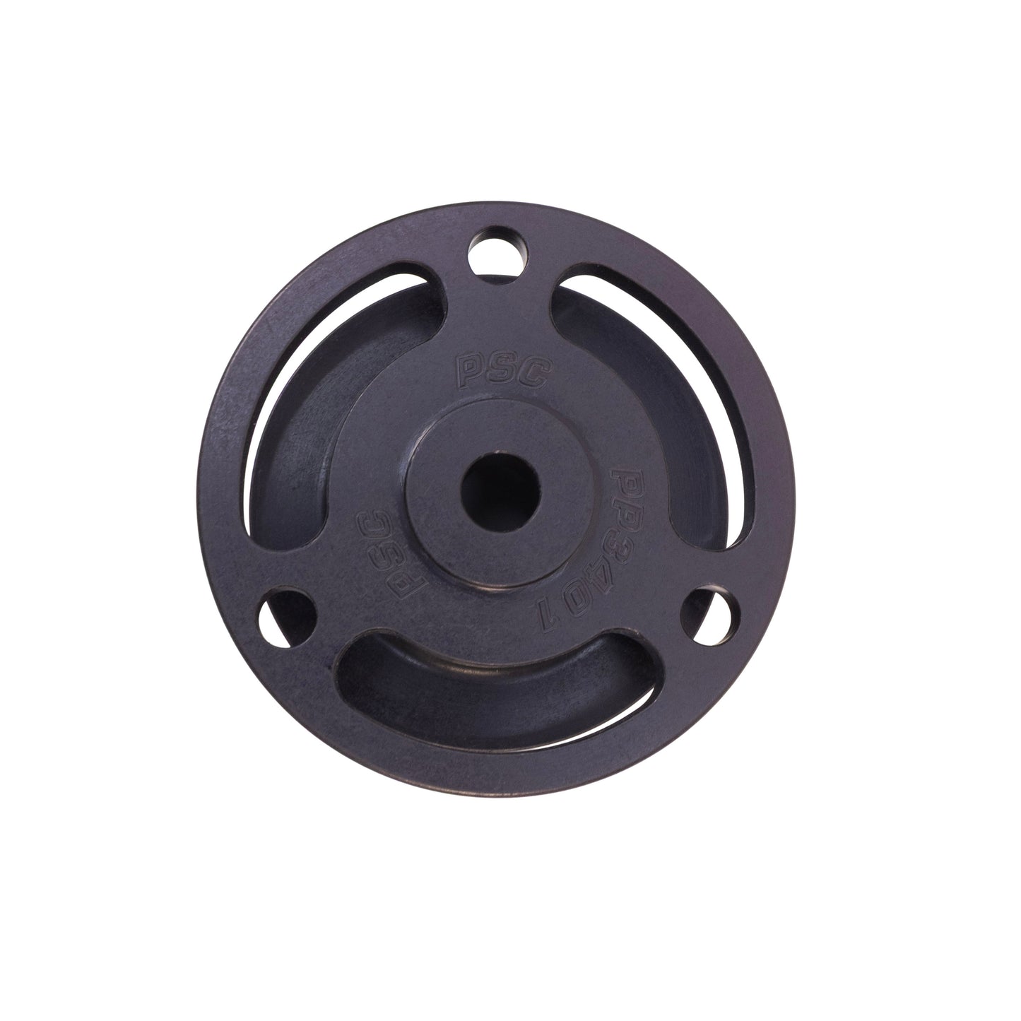 Black metal pulley on a white background