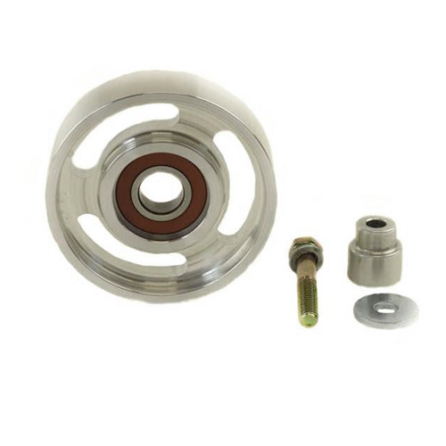 Idler Pulley PP4104-1 with bolt, washer and nut for mounting on a white background. 