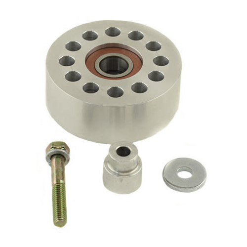 Idler Pulley PP4104-2 with bolt, washer and nut for mounting on a white background. 