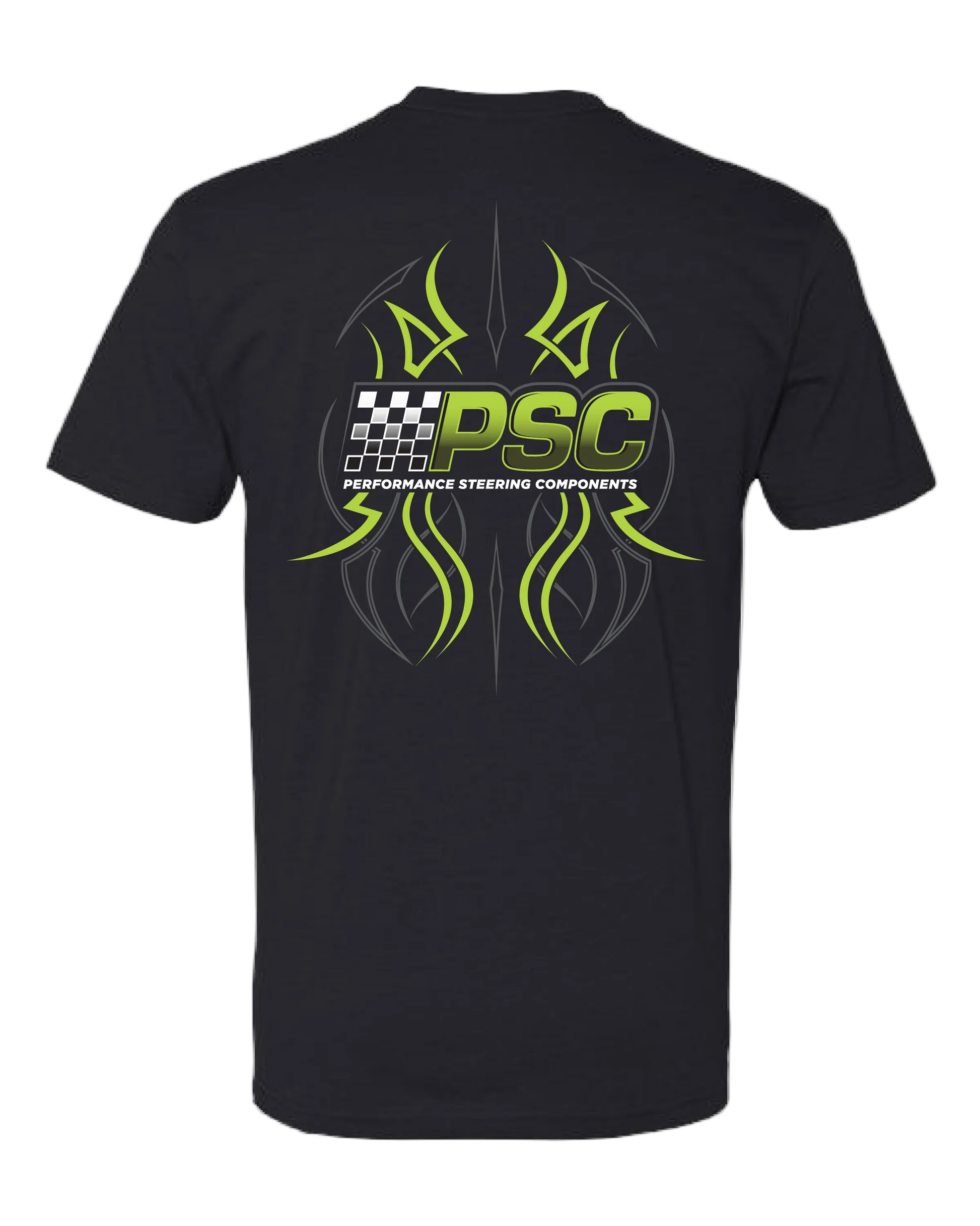 Black t-shirt with green and white 'PSC' logo on the back against a white background