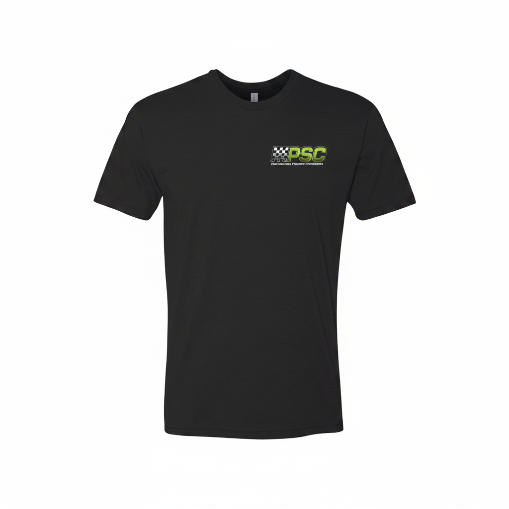 Black t-shirt with a logo on the chest against a white background