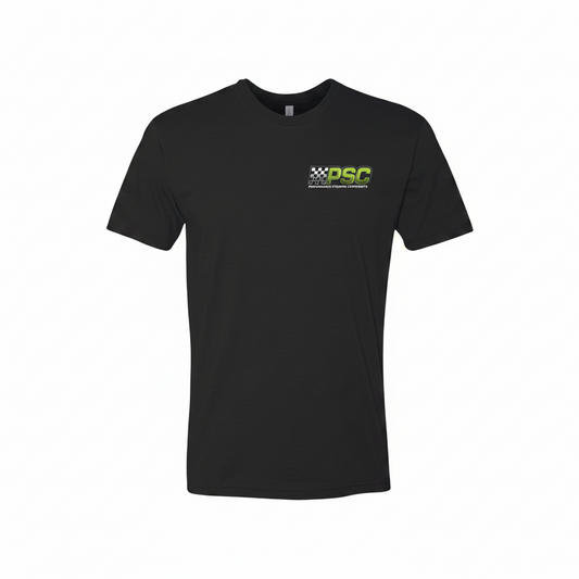 Black t-shirt with a logo on the chest against a white background