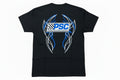 Black t-shirt with PSC logo surrounded by blue and white pinstripe/tribal design on the back on a white background. 