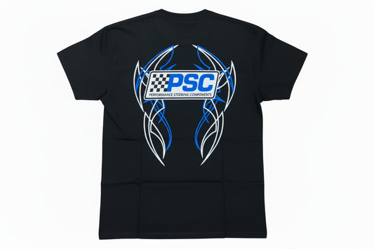 Black t-shirt with PSC logo surrounded by blue and white pinstripe/tribal design on the back on a white background. 