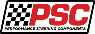 PSC logo with a checkered-flag pattern to the left of the letters, "P", "S" and "C". The words "Performance Steering Components" are running under the flag and letters spanning the width. The logo has a white slanted, rounded-corner rectangle as the background with a black border surrounding it.
