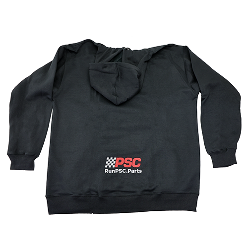 The back of the PSC black hoodie with embroidered logo and RunPSC.Parts on a white background. 