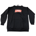 The front of the PSC black hoodie with embroidered logo patch centered on the front on a white background. 
