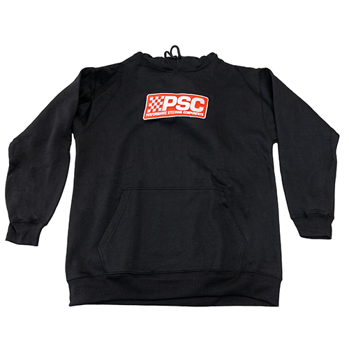 The front of the PSC black hoodie with embroidered logo patch centered on the front on a white background. 