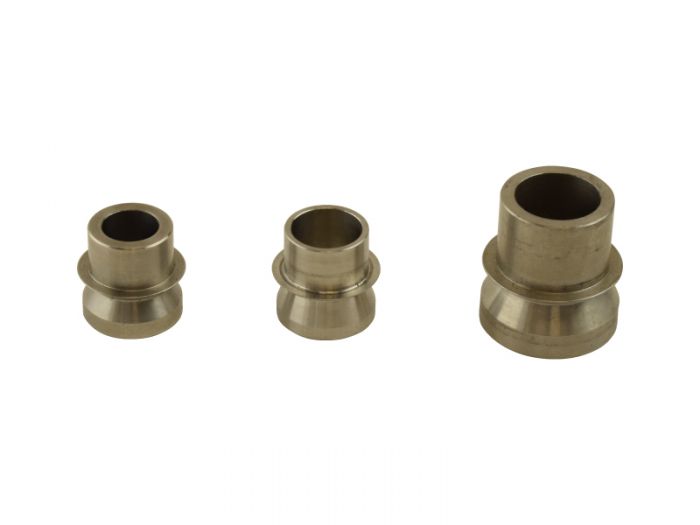 Steel misalignment spacers. The image shows three of varying size but they are sold as single units. Perfect for suspension joints, steering setups, and anything else that pivots on a spherical bearing.