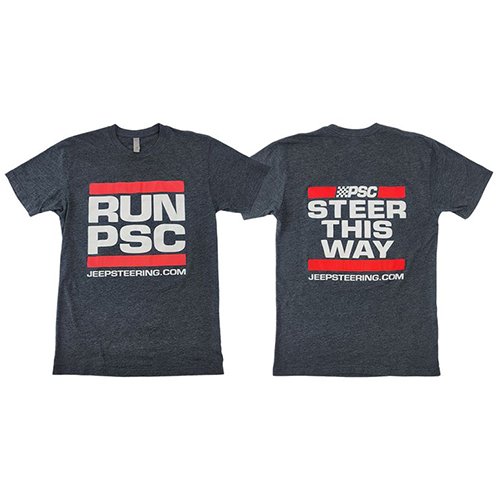 Gray t-shirt with RUN PSC graphic in red and white, and the back says Steer This Way. Shirt SKU is a101-7