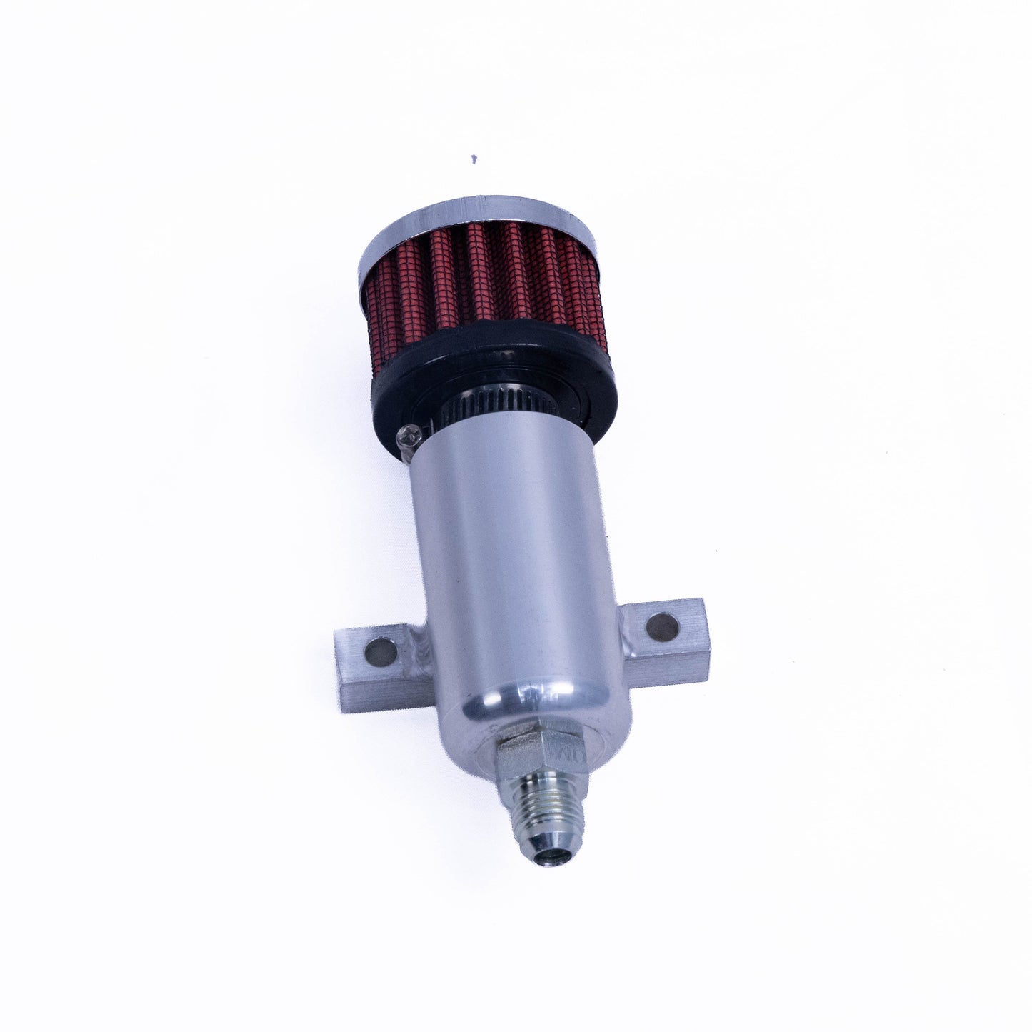 A metal automotive filter assembly with a red pleated top section, black collar, and silver cylindrical body with mounting flanges, shown on a plain white background.