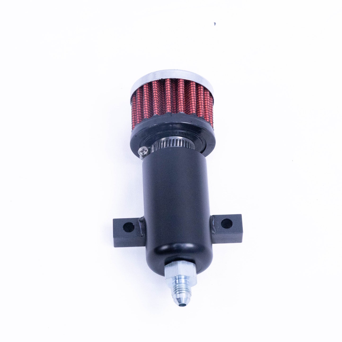 A black cylindrical automotive oil filter with a red pleated top section, a silver metal band, and a silver threaded fitting at the bottom, shown on a plain white background.