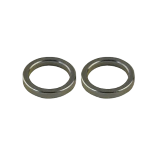 Two metallic washers on a white background