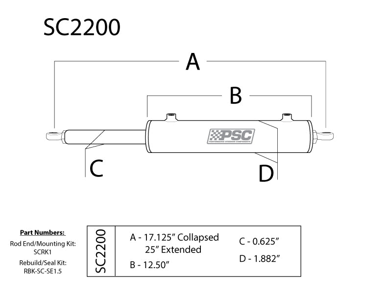 Technical diagram of a PSC shock absorber with labeled dimensions and part numbers.