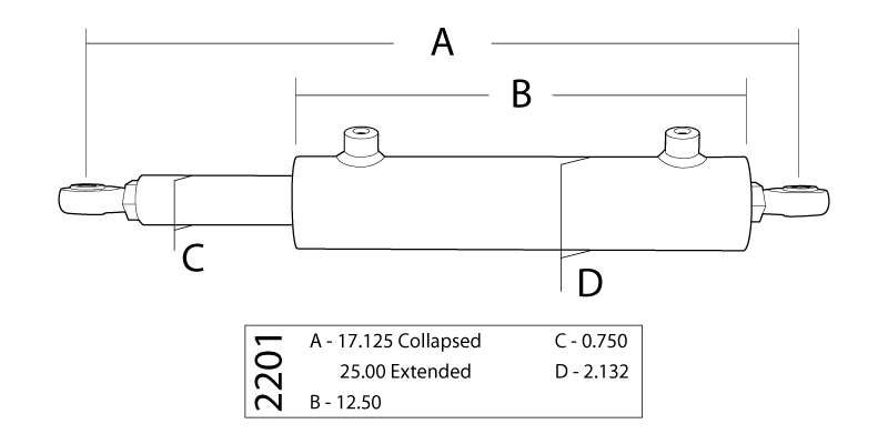 Technical diagram of a PSC steering cylinder with dimensions and part numbers. SC2201