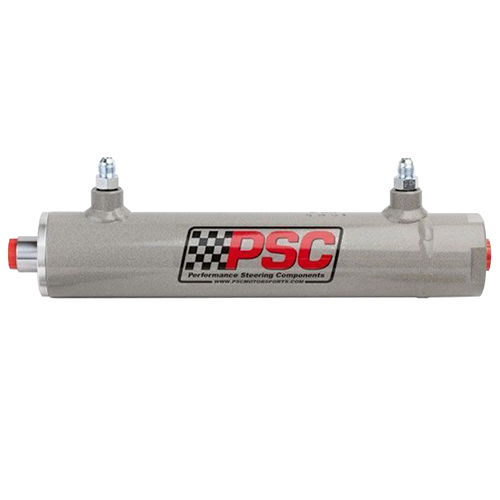 Grey coated single-ended steering cylinder (2.5" Bore X 8" stroke) with PSC logo on a white background.