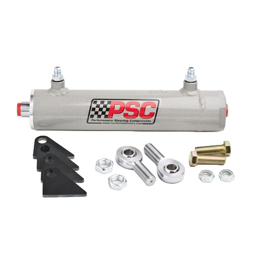 Grey coated single-ended steering cylinder (2.5" Bore X 8" stroke) with mounting brackets, tie rod ends, and mounting hardware on a white background.