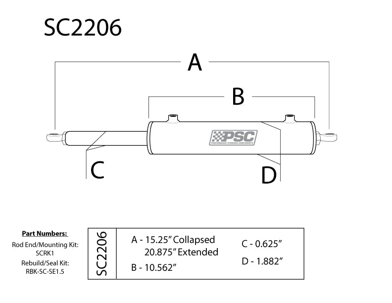 Technical diagram of a PSC shock absorber with labeled parts and dimensions.