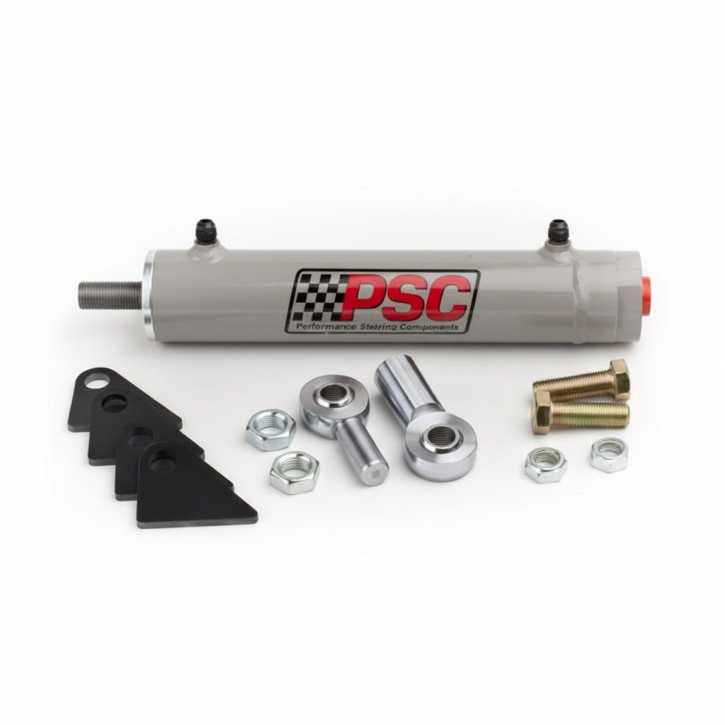 PSC cylinder kit with PSC SC2206K-SS, mounts, tie rod ends, bots and nuts on a  white background. 