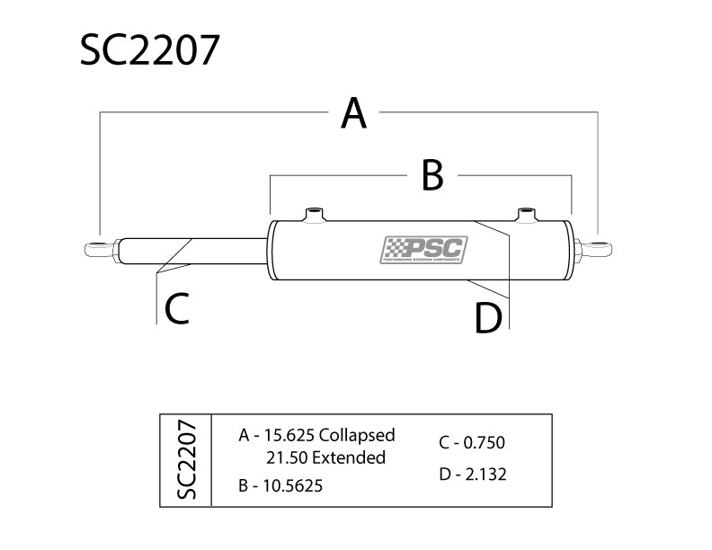 Drawing of a PSC steering cylinder with labeled dimensions and part numbers. Steering Ram SC2207. 