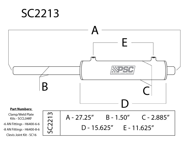 Technical drawing of a exhaust system component with labeled dimensions and PSC branding.
