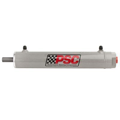 PSC performance steering component, steering cylinder, on a white background. The grey cylinder is single-ended and has the PSC logo printed in the center. 