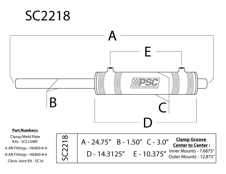 Technical diagram of a PSC exhaust component with labeled dimensions and part numbers.