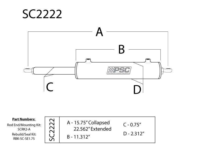 Technical drawing of a PSC steering cylinder with labeled dimensions and part numbers. Steering Ram SC2222. 