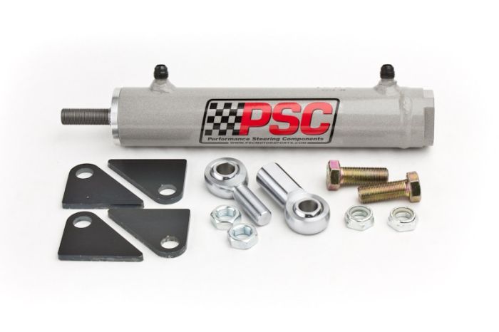 PSC steering cylinder kit with grey PSC with logo, mounting brackets, clevis and tie rod ends, bolts and nuts on a white background. 
