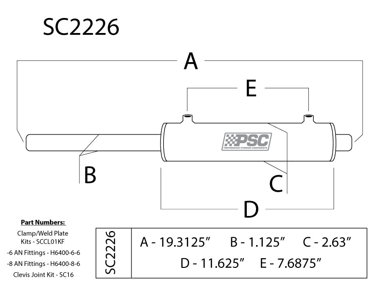 Technical drawing of a mechanical component with labeled dimensions and PSC branding.