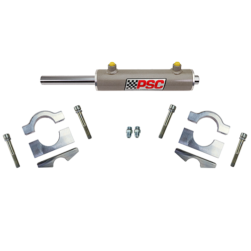 Hydraulic steering assist cylinder kit including a silver cylinder with fittings, two clamp sets, mounting brackets, and hardware displayed on a white background.