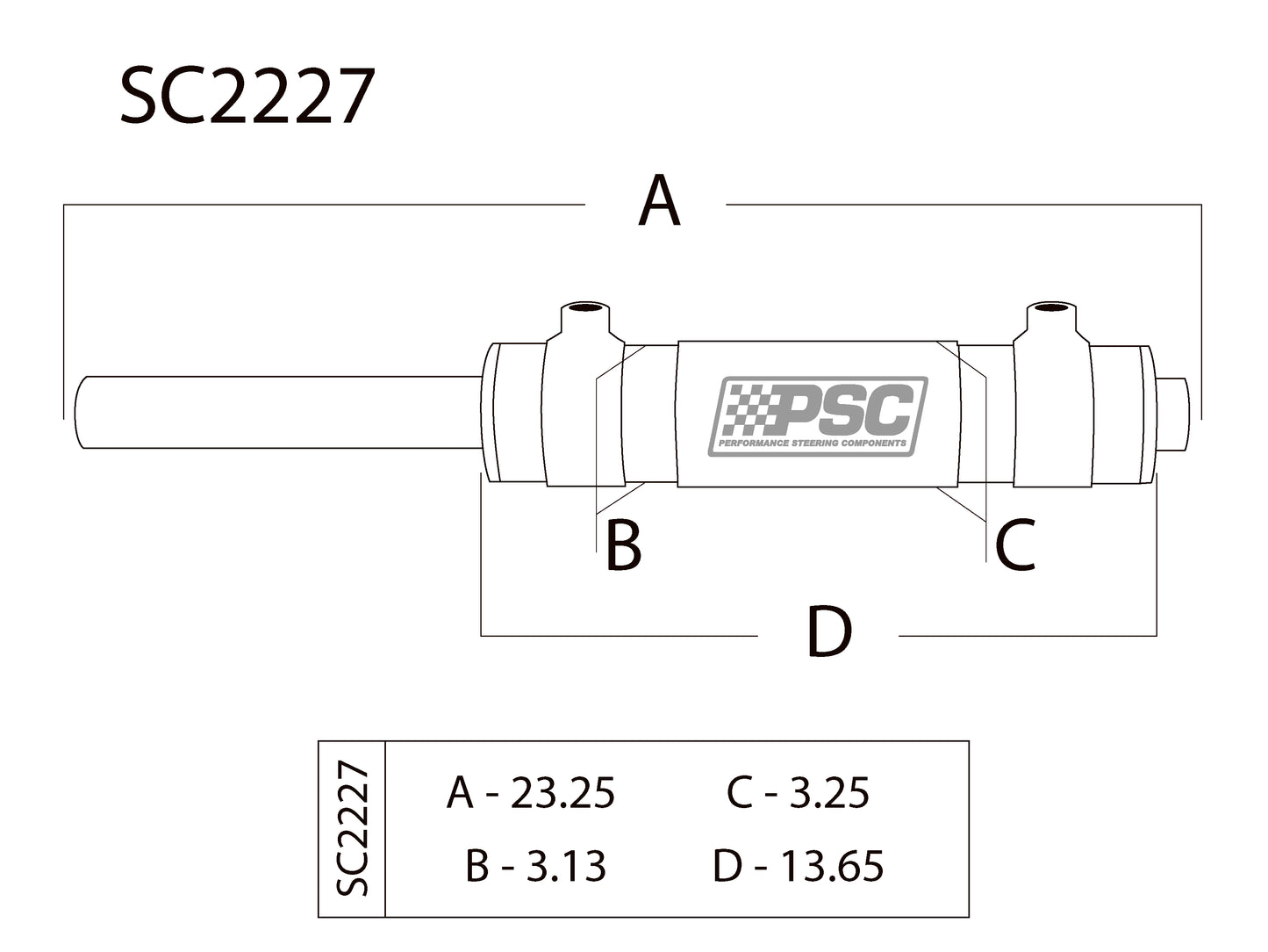 Technical drawing of a mechanical component with dimensions labeled, featuring the PSC logo.