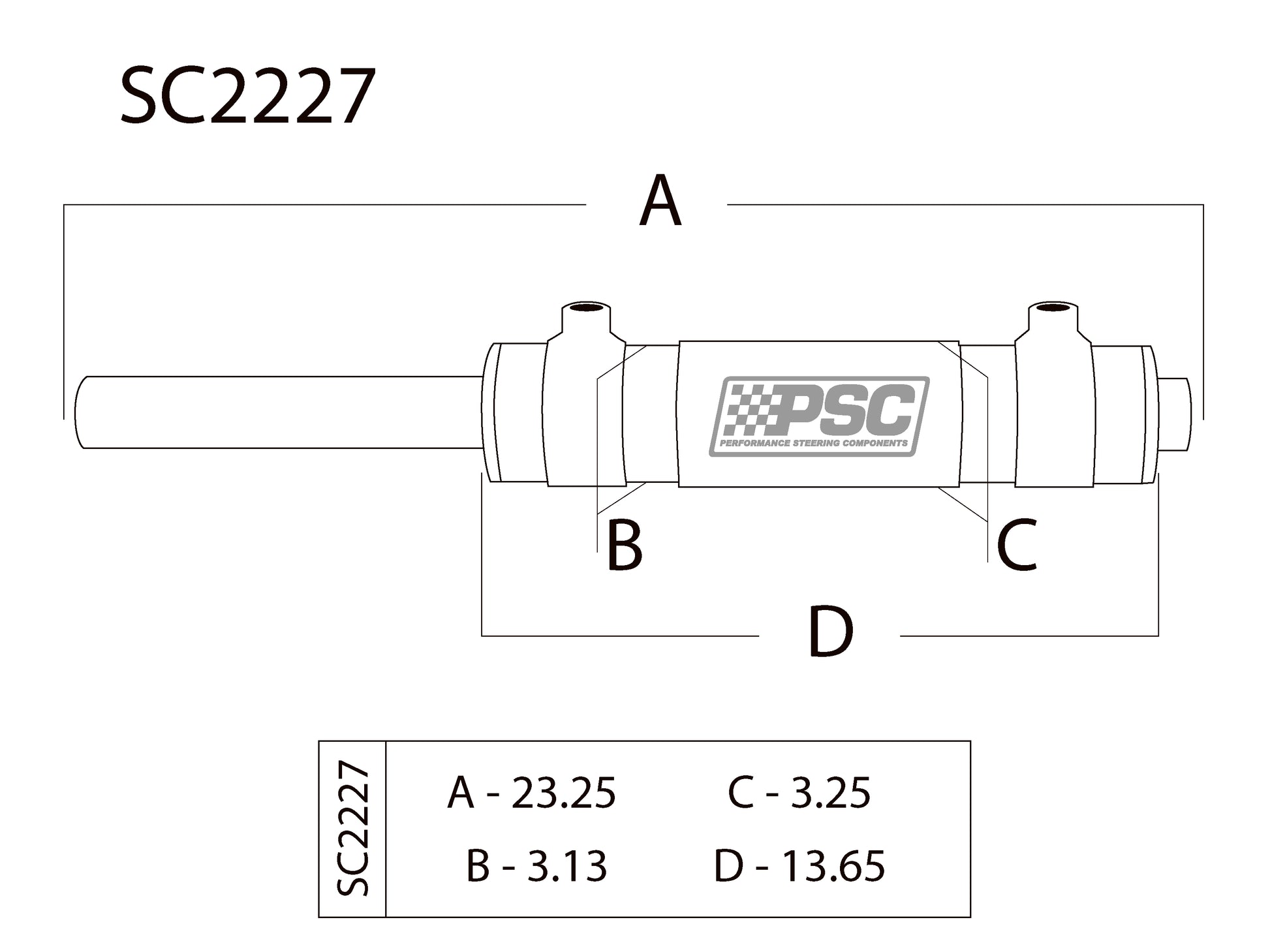 Technical drawing of a mechanical component with dimensions labeled, featuring the PSC logo.
