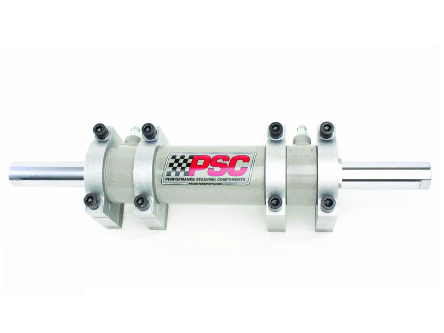 Hydraulic steering assist cylinder with four billet mounting clamps and polished dual rod ends, displayed on a white background.