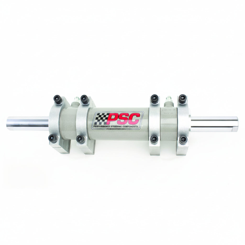 Hydraulic steering assist cylinder with four billet mounting clamps and polished dual rod ends, displayed on a white background.