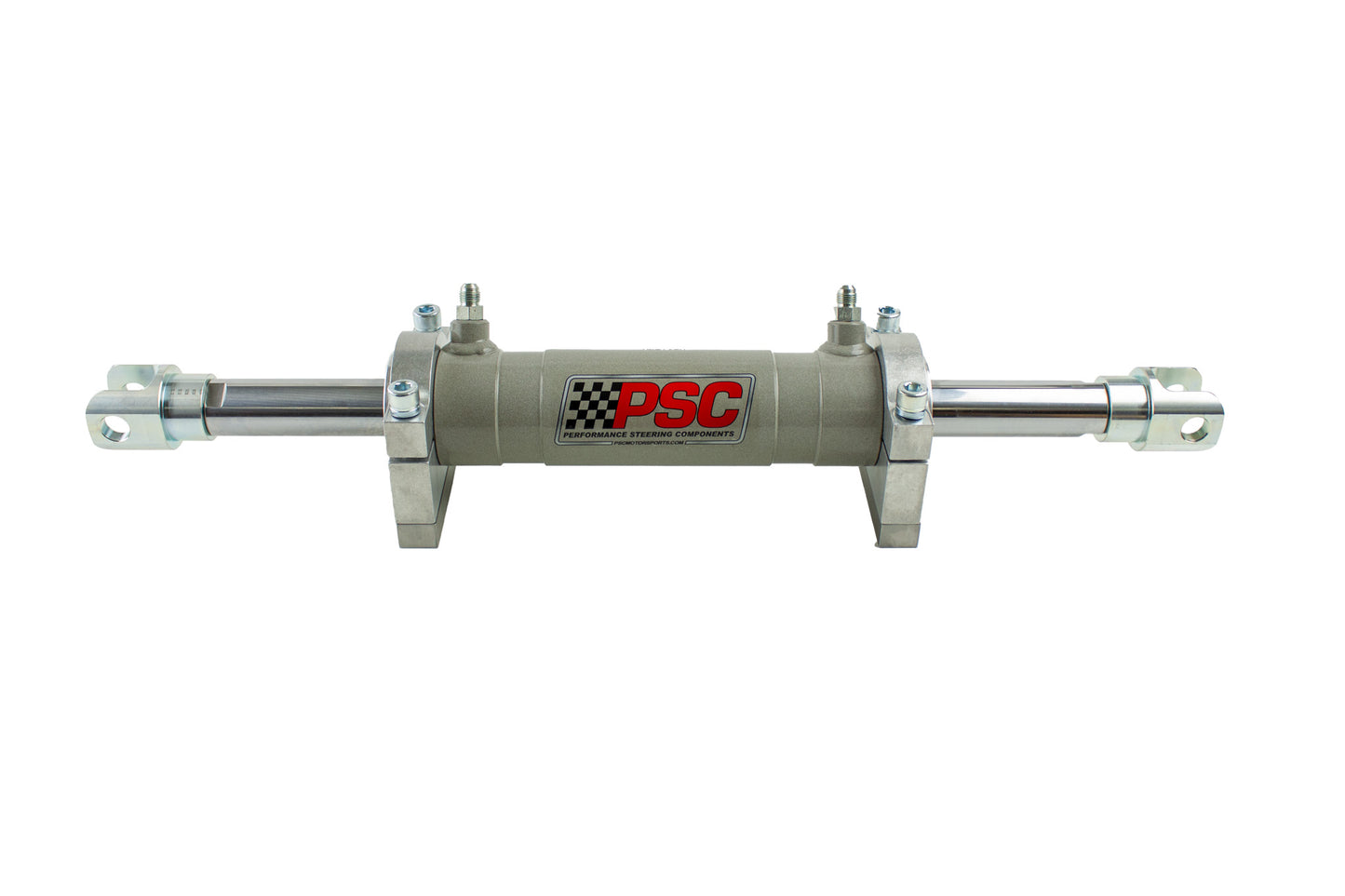 PSC hydraulic assist steering cylinder with dual mounting brackets and polished steel rods on both ends, displayed on a white background.