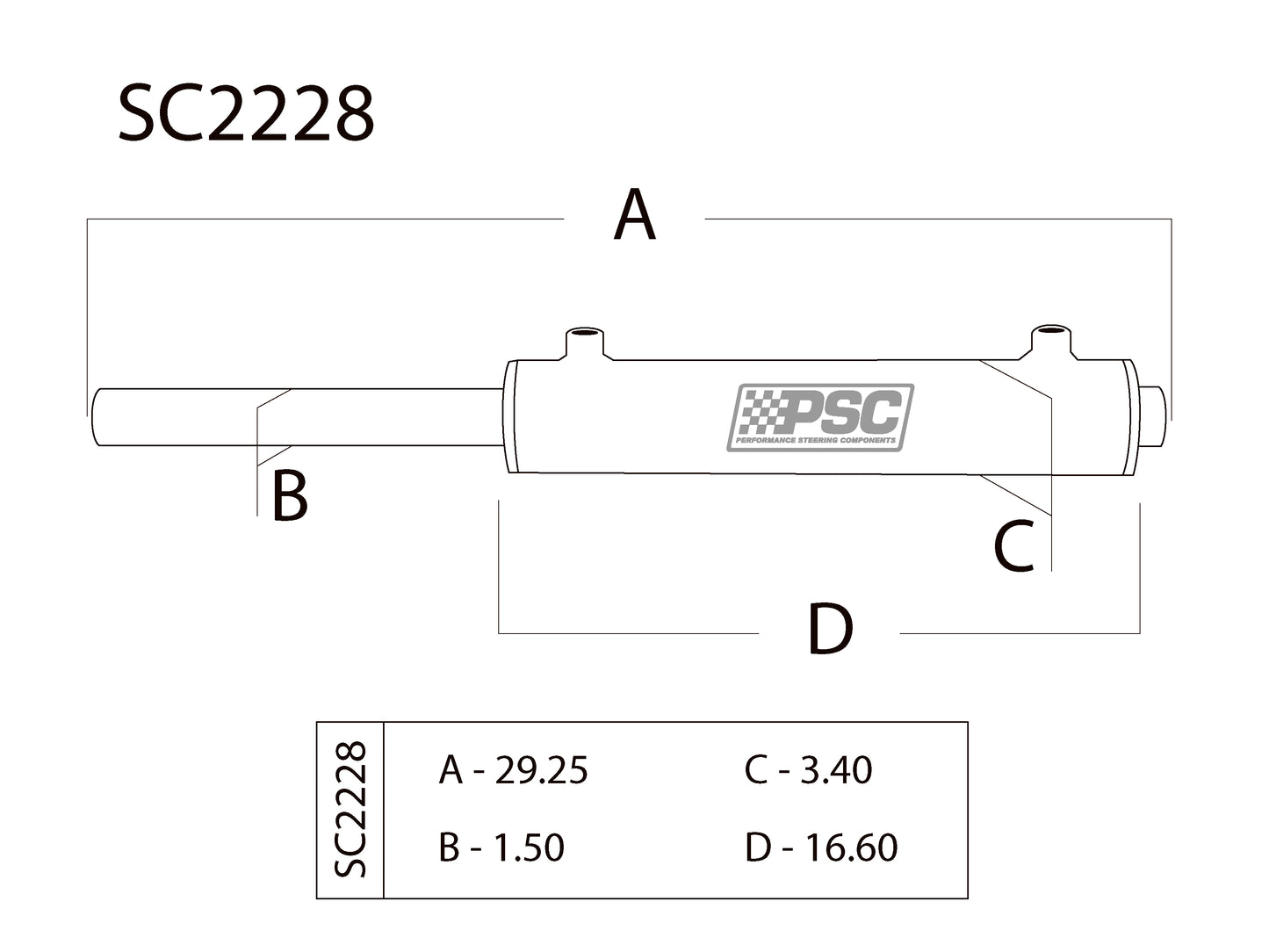 Technical drawing of a mechanical component with dimensions and PSC branding.
