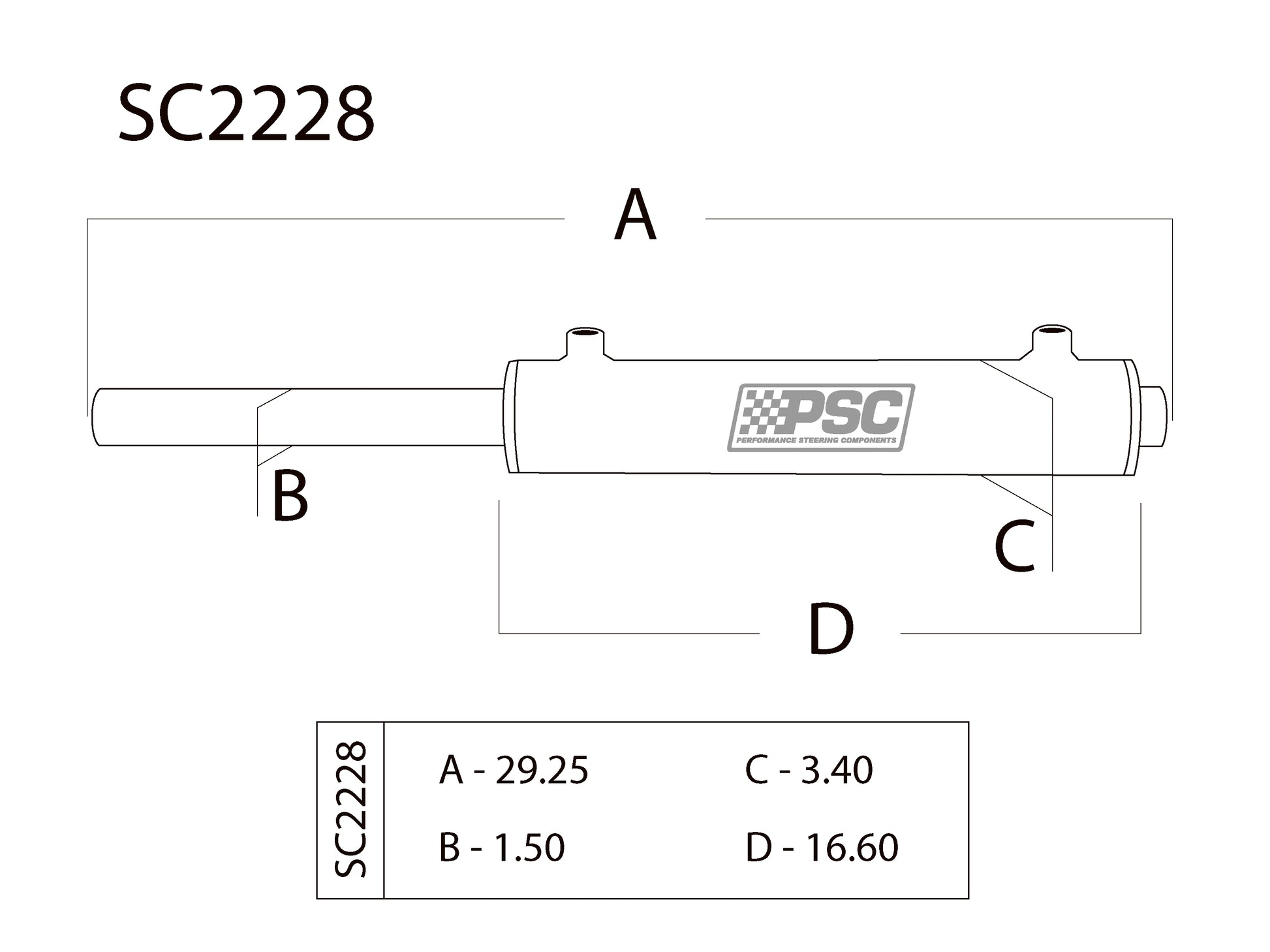 Technical drawing of a mechanical component with dimensions and PSC branding.