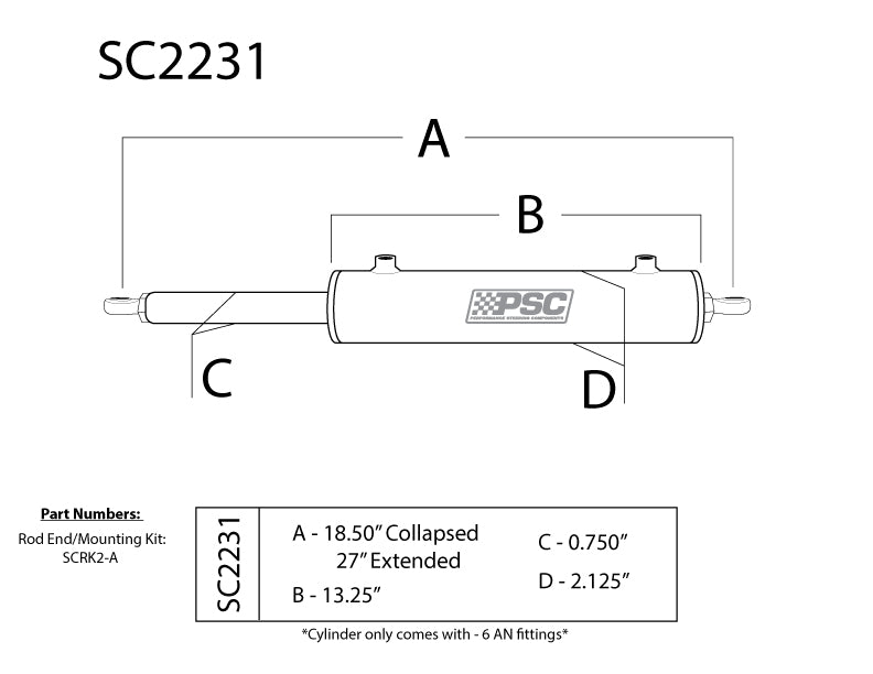 Technical diagram of a PSC steering cylinder with dimensions and part numbers. Steering Ram SC2231. 